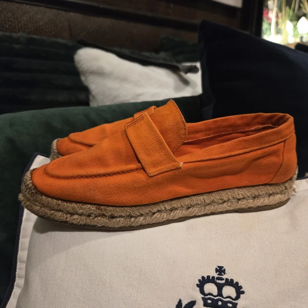 Hermes Bright Orange Canvas Espadrille Loafers with Strap Detail